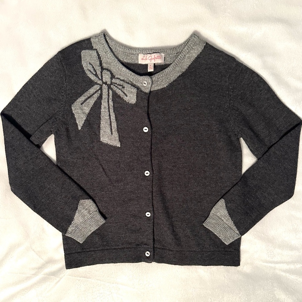 Lili Gaufrette Gray Cardigan Sweater Girls 6 Bow Silver Metallic Detail Buttons